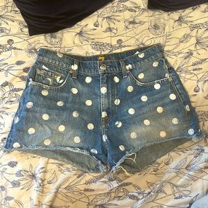 7 For All Mankind Polka Dot High-Rise Frayed Hem Jean Shorts